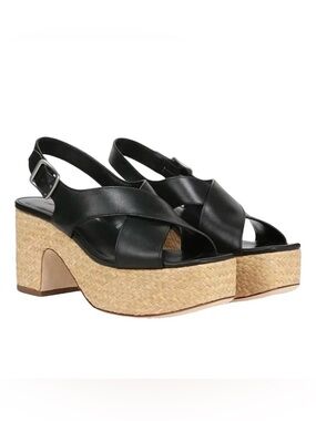 Vince Women's Cindie Black Leather Platform Slip On Sandals with Woven Heel NWT